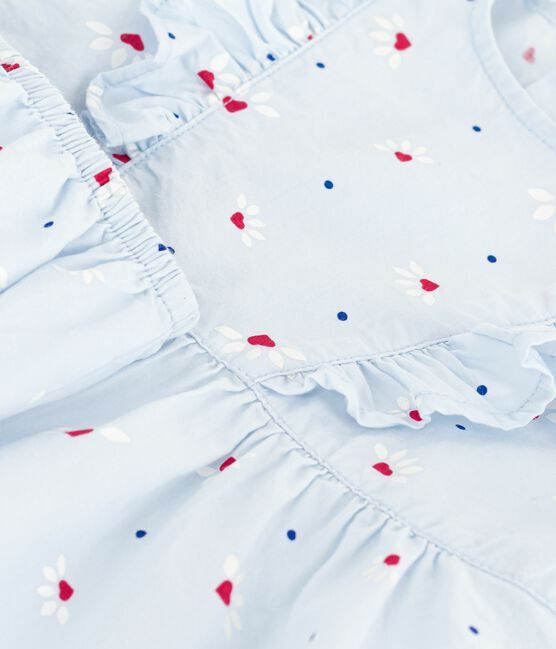 Babies' short-sleeved short printed cotton dress with matching bloomers FRAICHEUR blue/MULTICO white