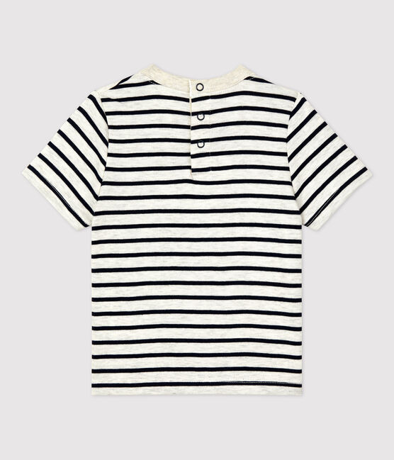 Babies' Cotton Striped Short-Sleeved T-Shirt MONTELIMAR beige/SMOKING blue