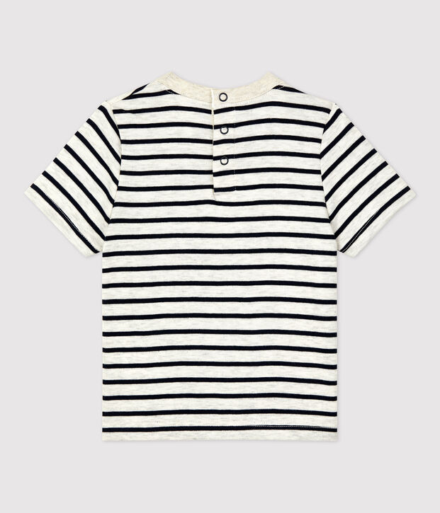 Babies' Cotton Striped Short-Sleeved T-Shirt beige/blue