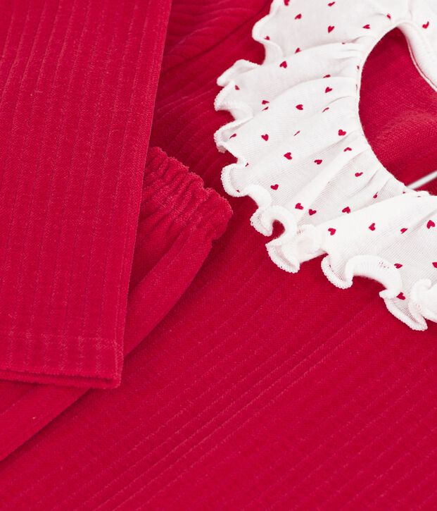 Children's plain ribbed velour pyjamas with a ruff red