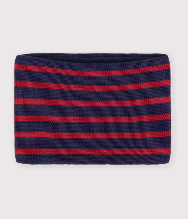 Children's stripy fleece-lined knitted snood blue/red
