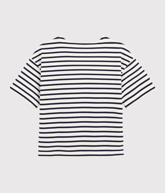 Women's Short-Sleeved Cotton Breton Top MARSHMALLOW white/SMOKING blue