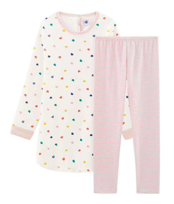 Girls' Long-Sleeved Double-Sided Jersey Nightdress with Heart Print MARSHMALLOW white/MULTICO white