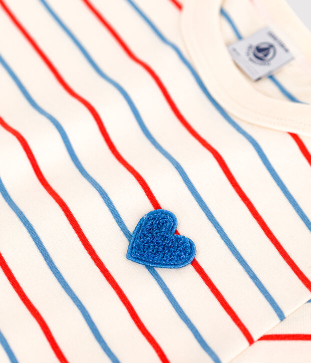 Children's short-sleeved cotton T-shirt with stripes and a heart Ecru/multicolor