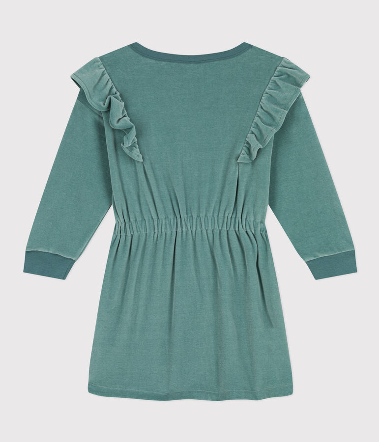 Girls' long-sleeved dress in plain boucl&eacute; velvet green
