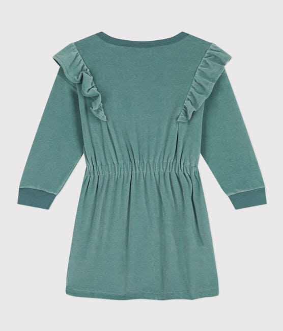 Girls' long-sleeved dress in plain bouclé velvet BRUT green