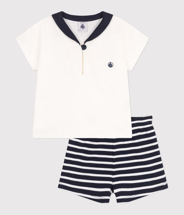 Babies' two-piece cotton set including a T-shirt with a sailor collar blue/white