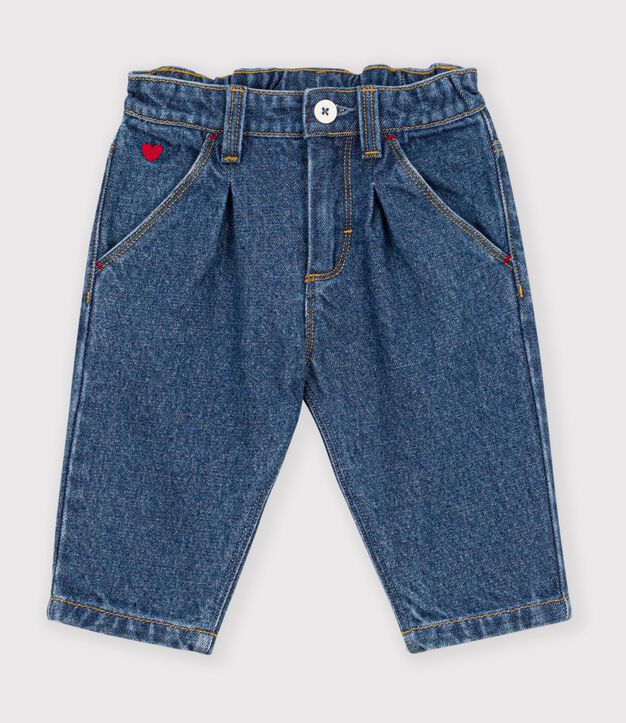 Babies' trousers in plain denim with heart embroidery blue