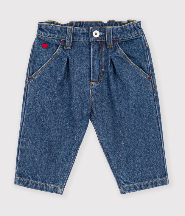 Babies' trousers in plain denim with heart embroidery blue