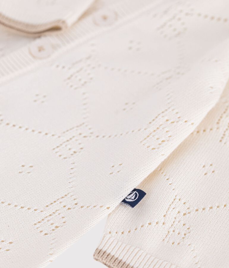 Babies' long openwork knit cotton playsuit Ecru