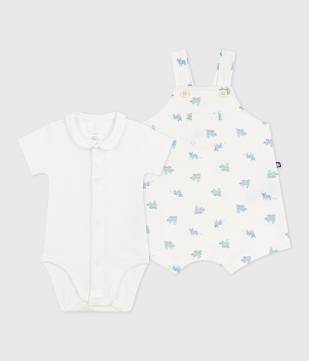 Babies' animal print cotton dungarees/body set white/multicolor