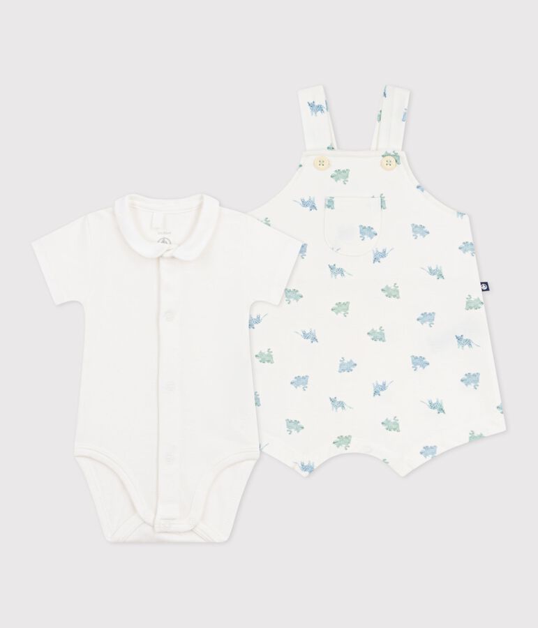 Babies' animal print cotton dungarees/body set MARSHMALLOW white/MULTICO white