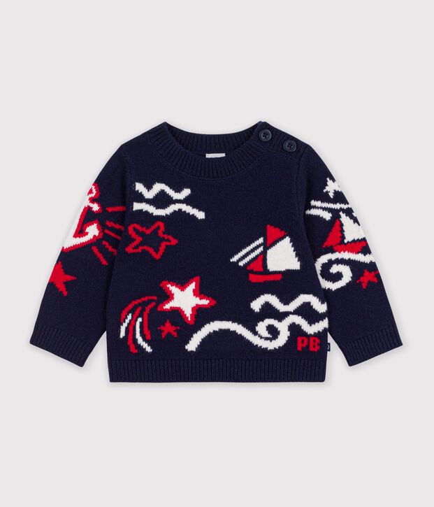 Babies' jumper in wool and cotton with  jacquard patterns blue/multicolor
