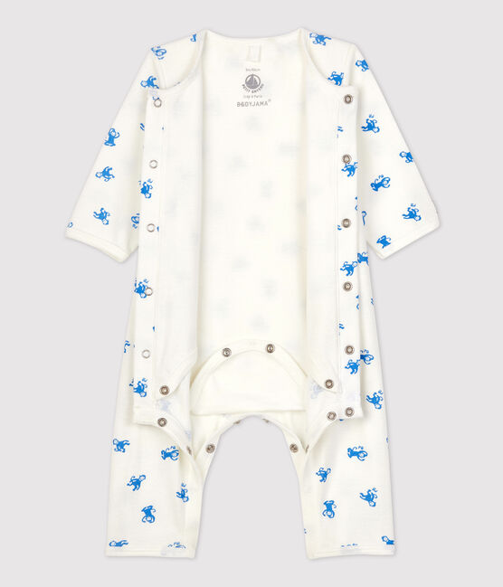 Babies' Footless Organic Cotton Bodyjama MARSHMALLOW white/BRASIER blue