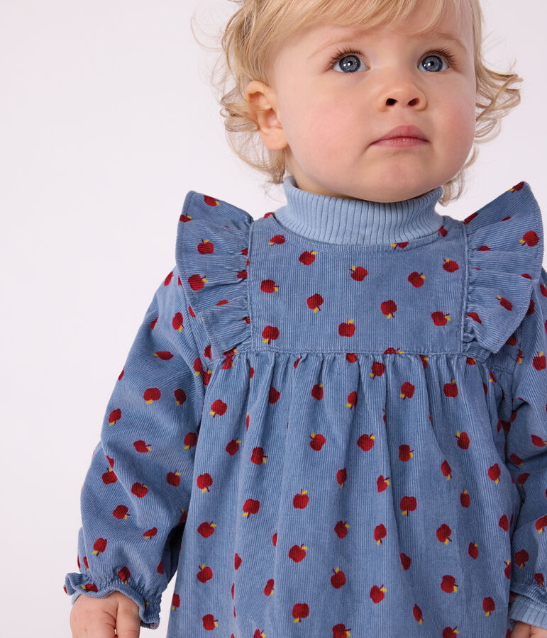 Babies' long-sleeved apple-print corduroy dress blue/multicolor