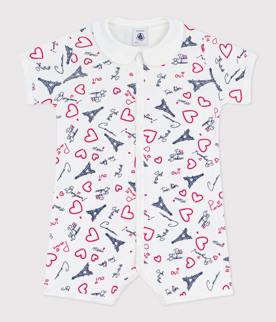 Babies' Paris print cotton playsuit with a collar MARSHMALLOW white/MULTICO white