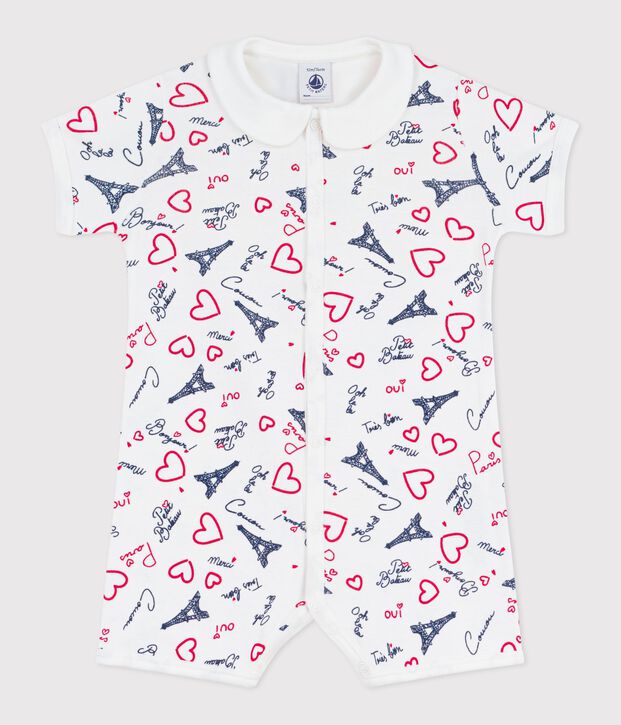 Babies' Paris print cotton playsuit with a collar white/multicolor