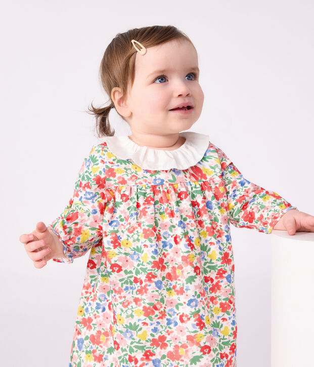Babies' long sleeved floral-print cotton dress white/multicolor