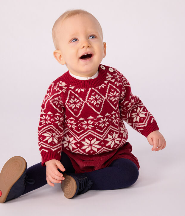 Babies' patterned wool and cotton jumper red/ecru