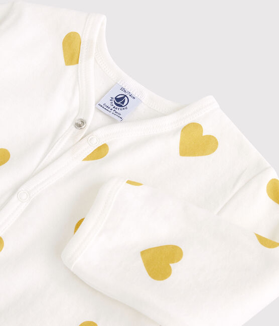 Babies' Yellow Heart Patterned Organic Cotton Sleepsuit MARSHMALLOW white/OCRE yellow