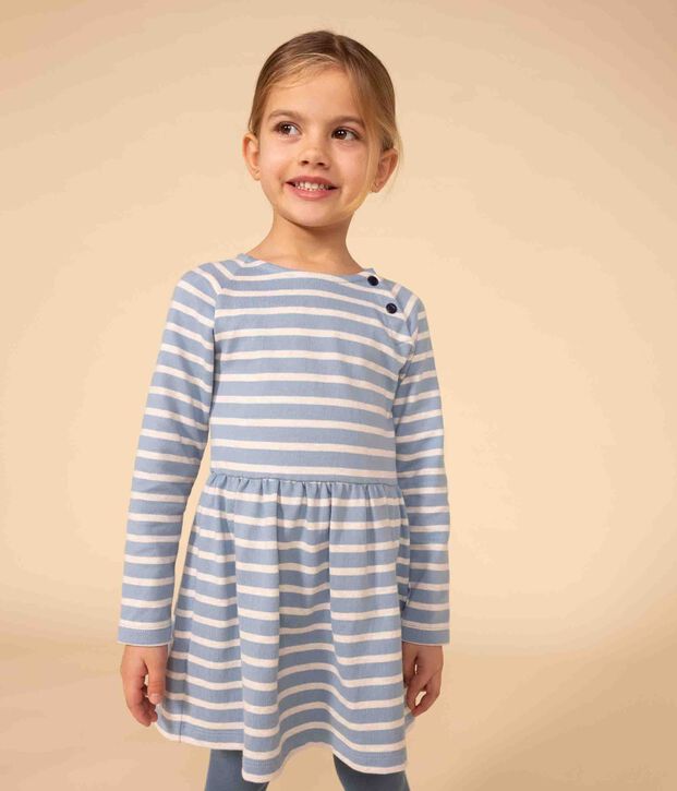 Girls' long-sleeved dress in stripy thick cotton blue/beige