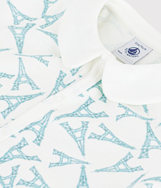 Babies' Eiffel Tower print cotton short jumpsuit with a collar white/blue