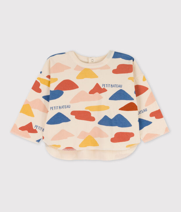 Babies' Long-Sleeved Patterned Tube Knit T-Shirt Ecru/multicolor