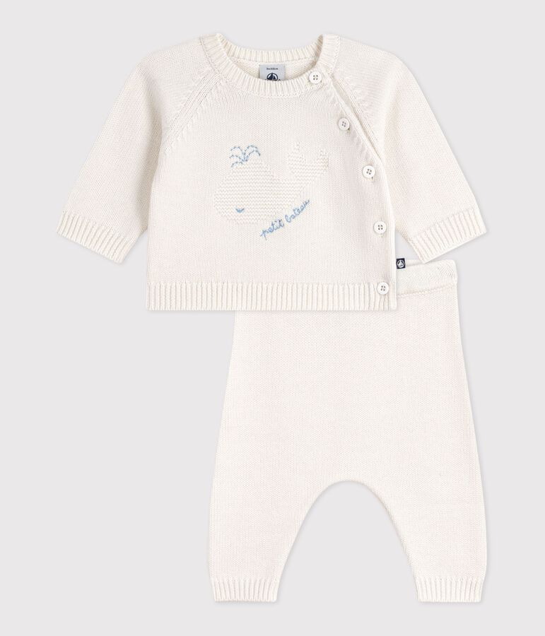 Babies' knitted wool and cotton outfit with a whale design MARSHMALLOW white