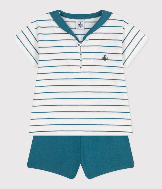 Babies' two-piece cotton set with a stripy T-shirt and plain shorts MARSHMALLOW green/DRAGONFLY