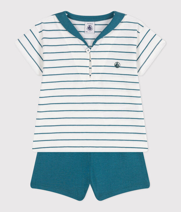 Babies' two-piece cotton set with a stripy T-shirt and plain shorts green/green