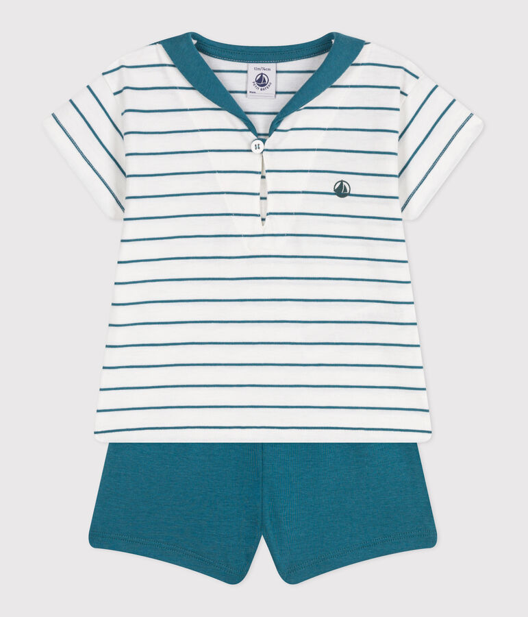 Babies' two-piece cotton set with a stripy T-shirt and plain shorts white/green