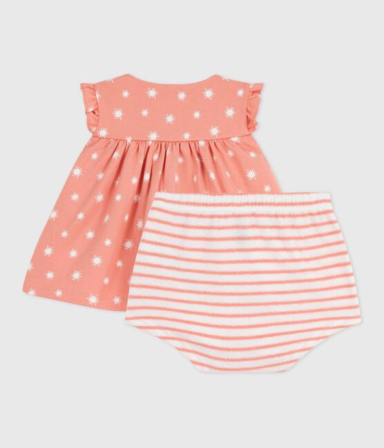 Newborn babies' two-piece sun print cotton set ABRICOT orange/MARSHMALLOW