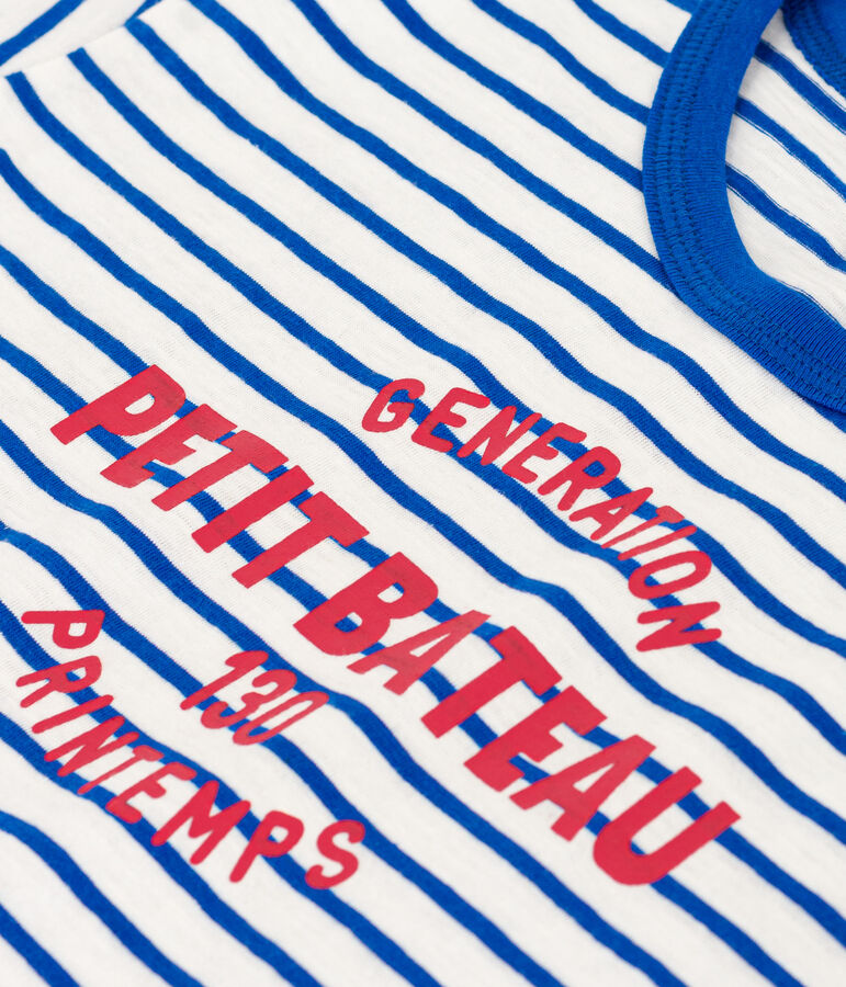 Children's Stripy Unisex Cotton T-Shirt MARSHMALLOW white/PERSE blue