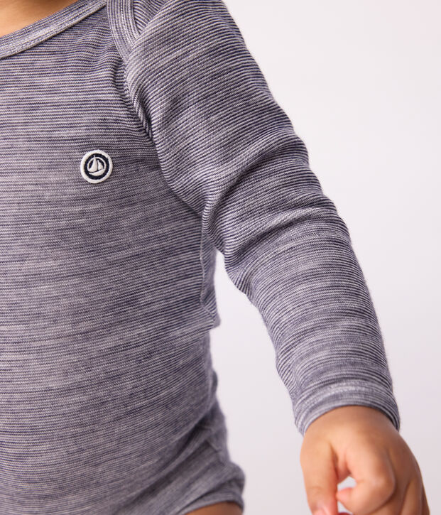Babies' long-sleeved body in wool and cotton blue/white