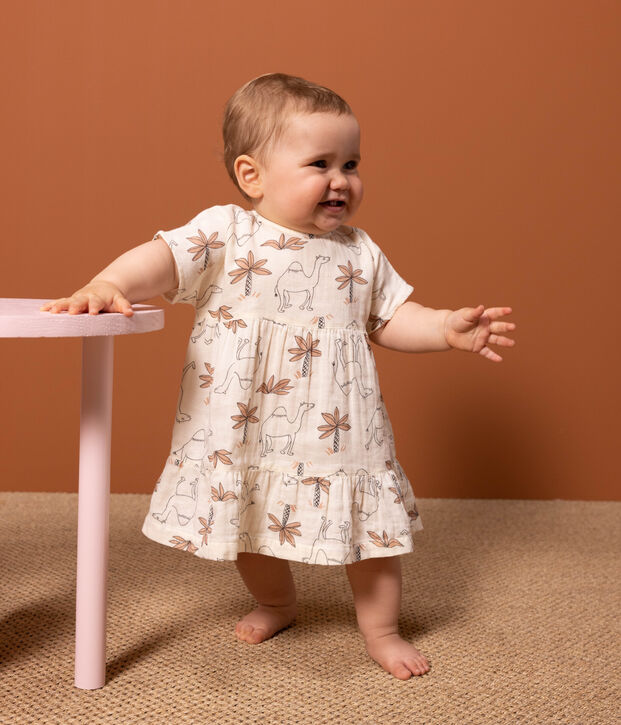 Babies' Short-Sleeved Organic Cotton Gauze Printed Dress Ecru/multicolor