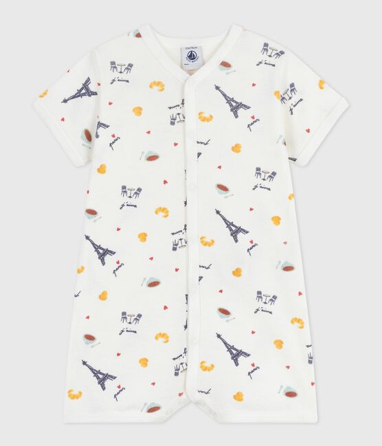 Babies' Paris print cotton playsuit with a collar MARSHMALLOW white/MULTICO white