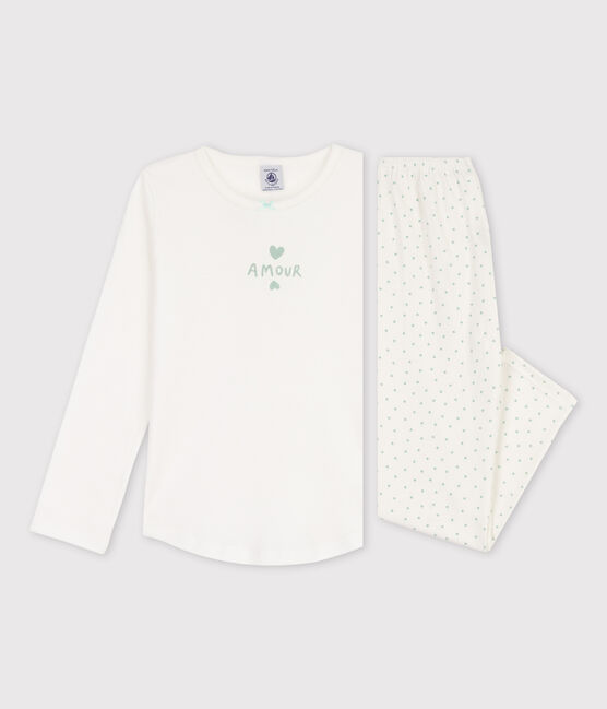 Girls' Small Heart Pattern Cotton Pyjamas MARSHMALLOW white/HERBIER