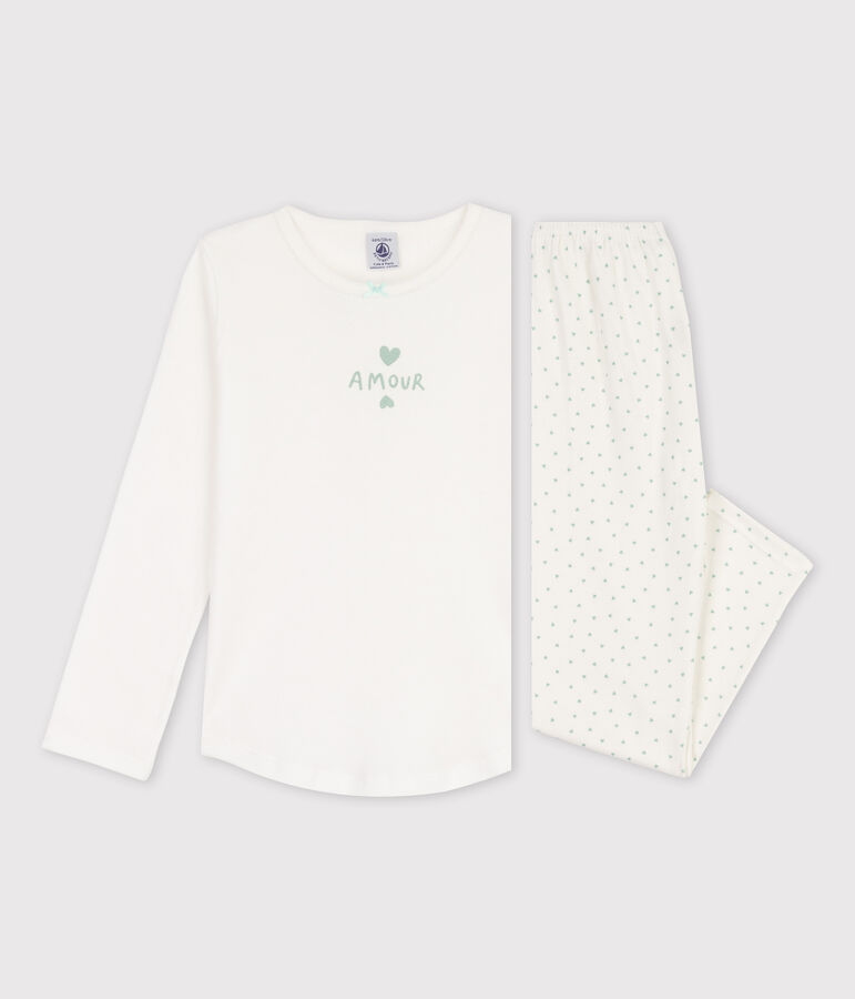 Girls' Small Heart Pattern Cotton Pyjamas white/green