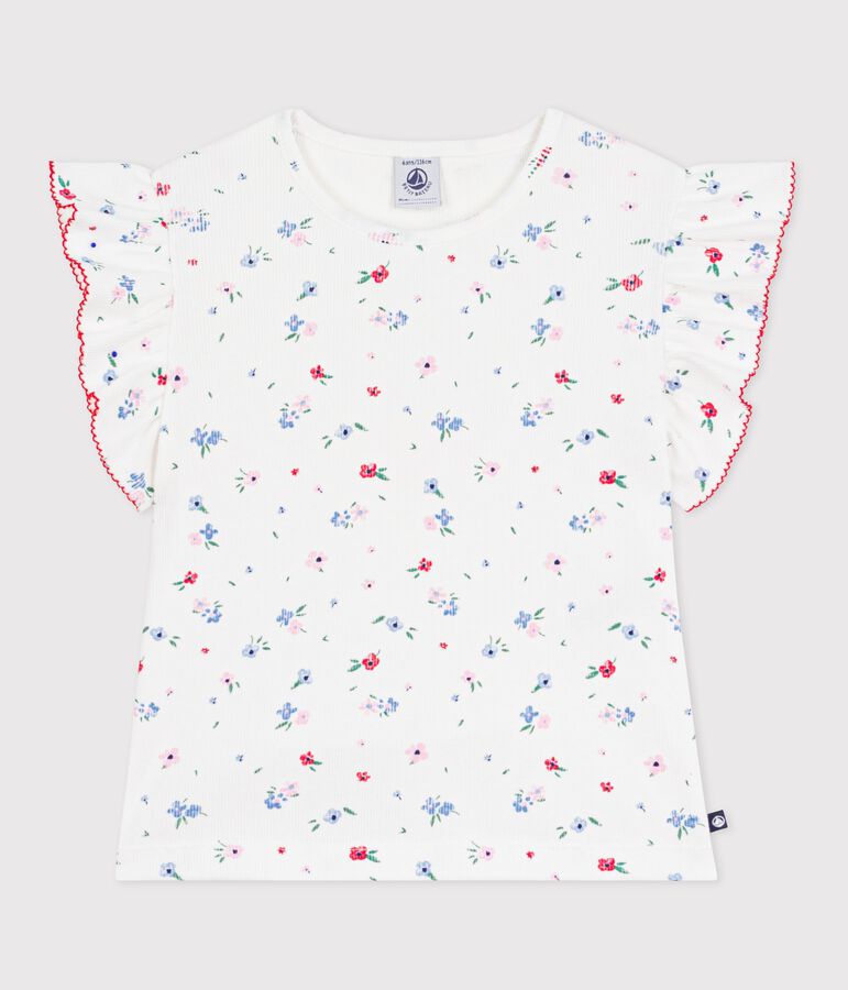 Children's short-sleeved floral print cotton T-shirt MARSHMALLOW white/MULTICO white