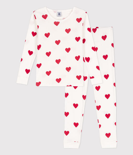 Children's unisex snug-fit cotton heart print pyjamas MARSHMALLOW white/TERKUIT red