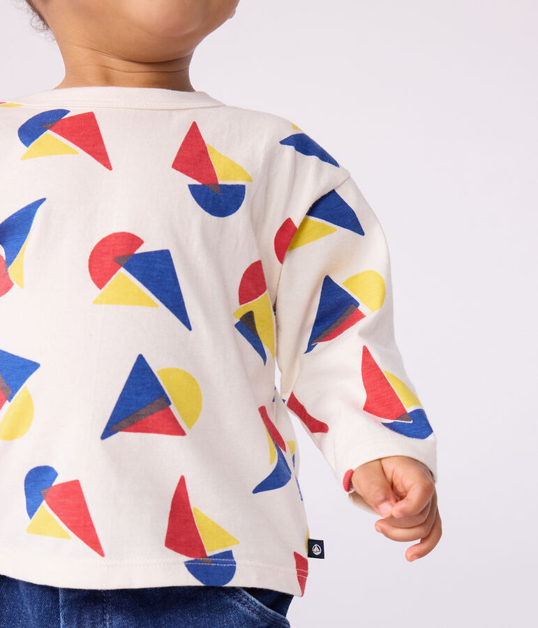 Babies' long-sleeved boat-print cotton T-shirt Ecru/multicolor