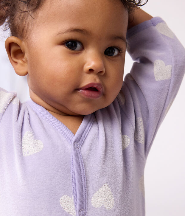 Babies' heart-print velour pyjama suit purple/white