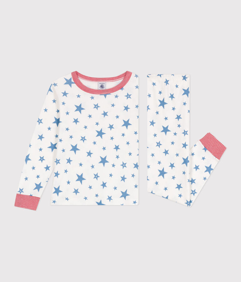 Children's star print cotton pyjamas MARSHMALLOW white/ALASKA blue