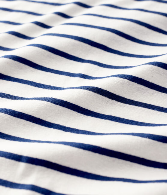 Women's Stripy Linen and Cotton Blend T-Shirt MARSHMALLOW white/MEDIEVAL blue
