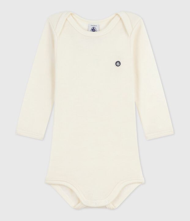Babies' long-sleeved body in wool and cotton beige
