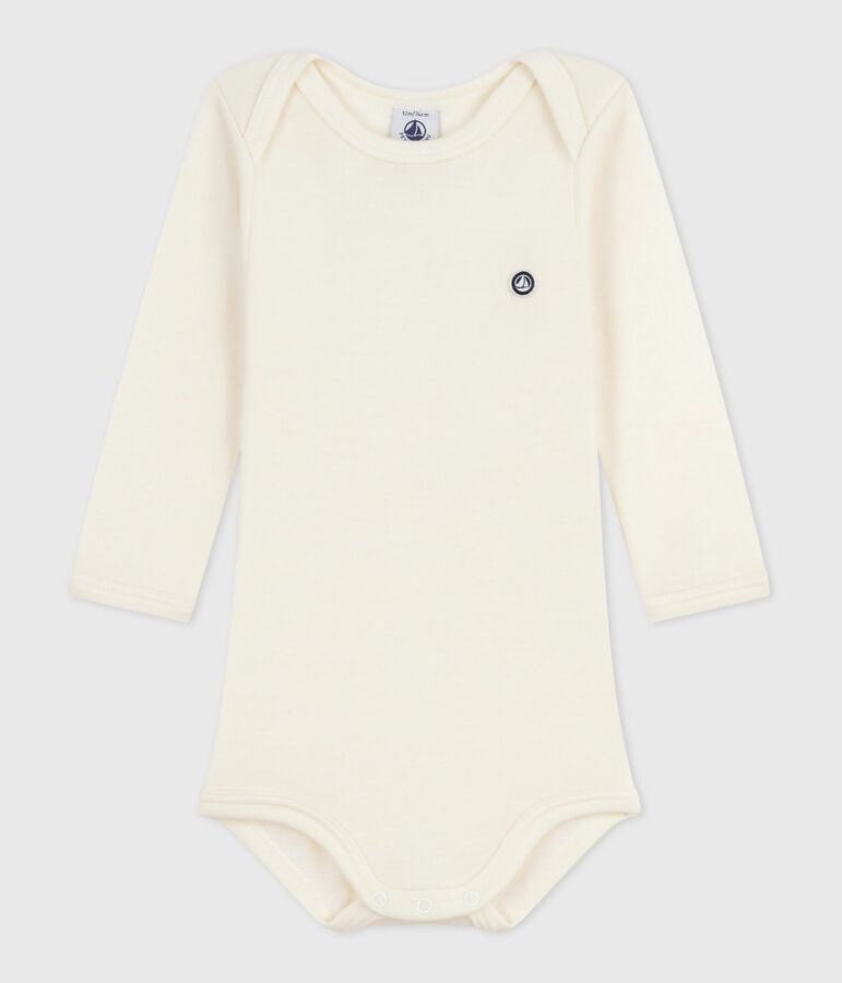 Babies' long-sleeved body in wool and cotton beige
