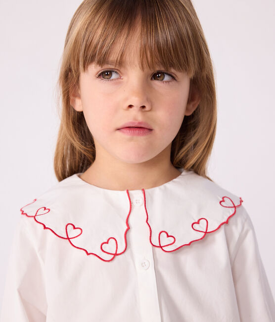 Children's long-sleeved plain cotton poplin blouse ECUME white