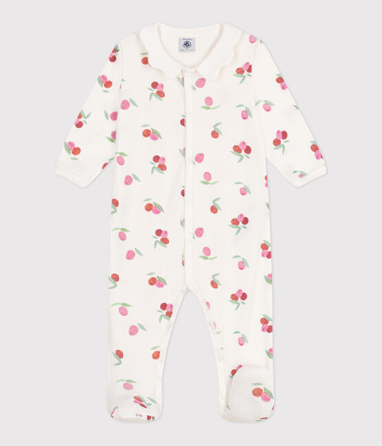 Babies' cotton pyjamas with a fruit pattern petal collar MARSHMALLOW white/MULTICO white