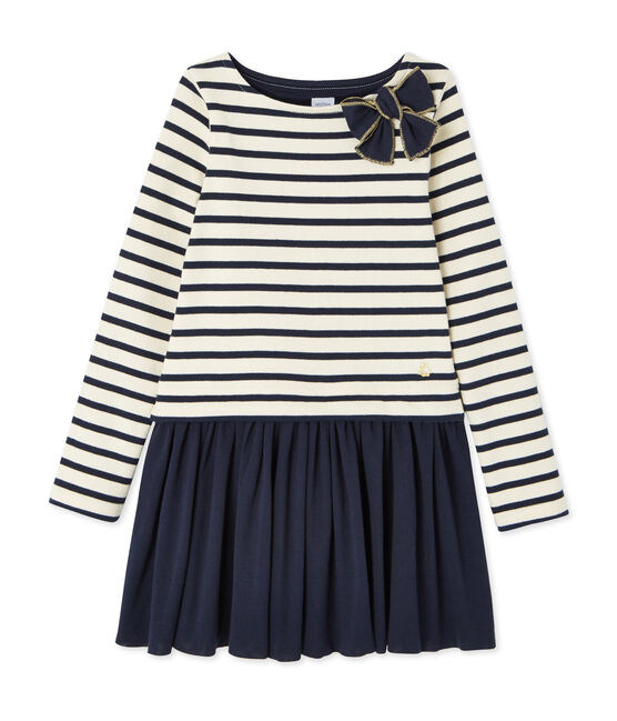 Girl's striped dual fabric dress COQUILLE beige/SMOKING blue