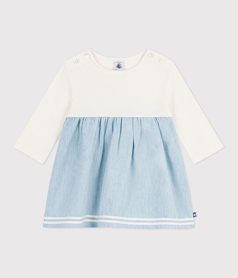 Babies' long-sleeved dress in two materials, cotton and chambray Ecru/multicolor